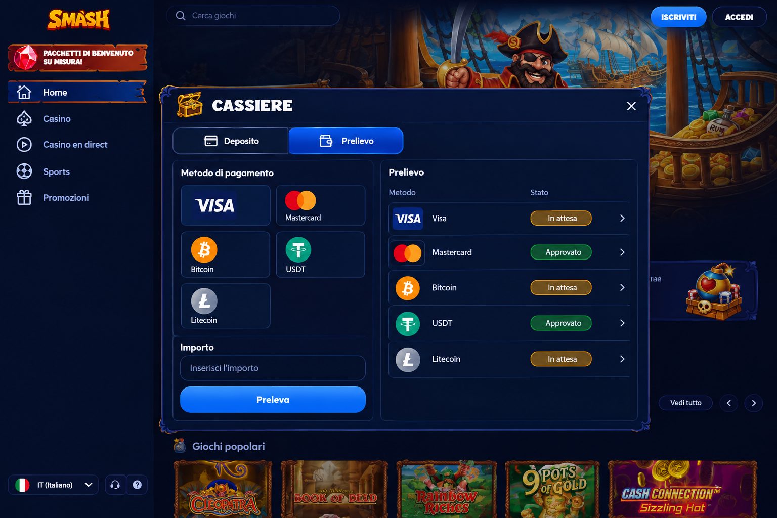 Smash Casino — migliore per bonus con wagering più basso — migliori casinò non AAMS analisi delle condizioni promozionali Smash Casino — migliore per bonus con wagering più basso — migliori casinò non AAMS